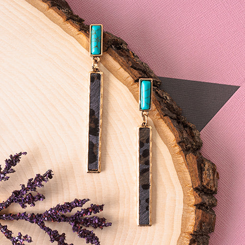 73920 - Rectangle Turquoise Animal Hide Earrings - Grey