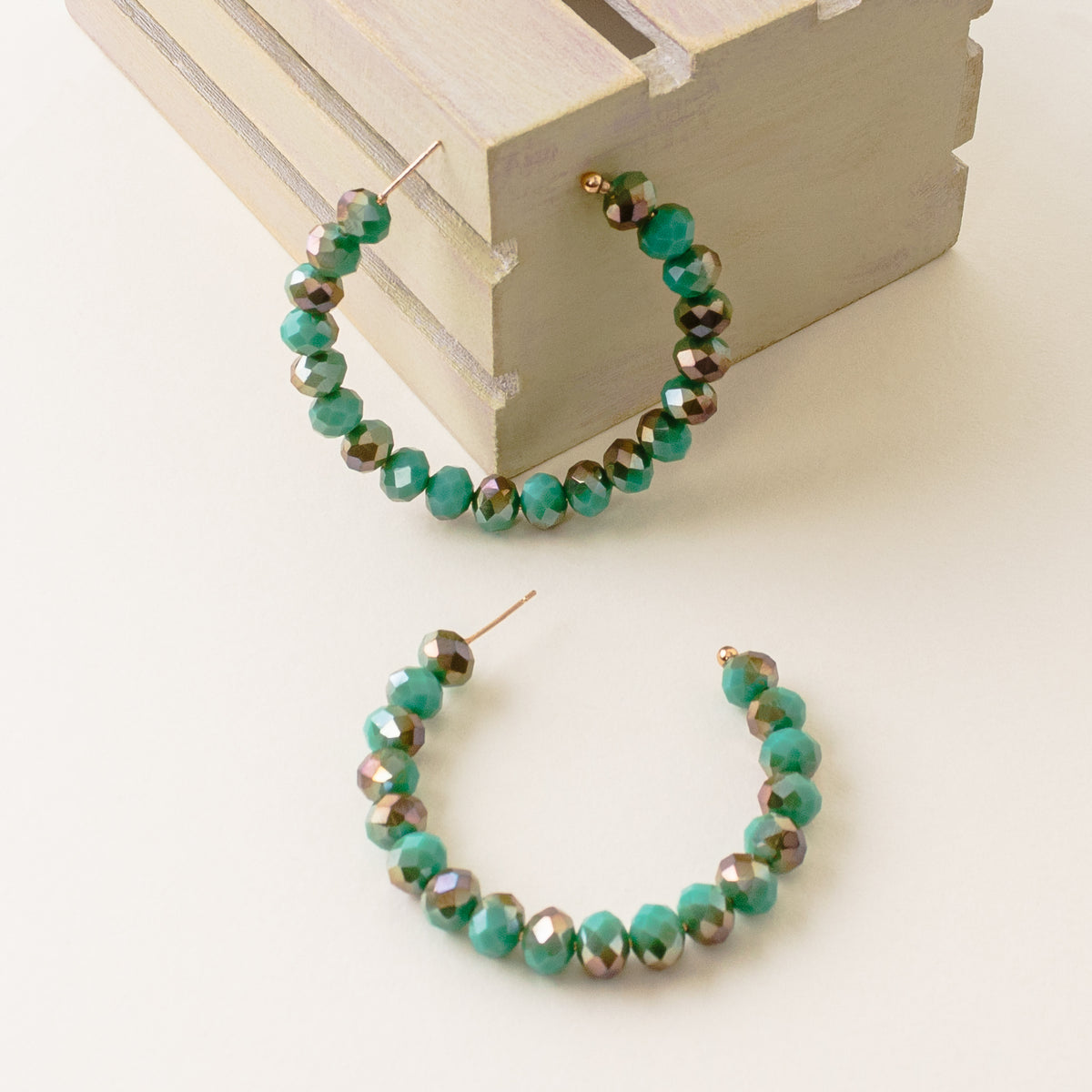 73940-7 - Crystal Beaded Hoop Earrings - Turquoise & Brown