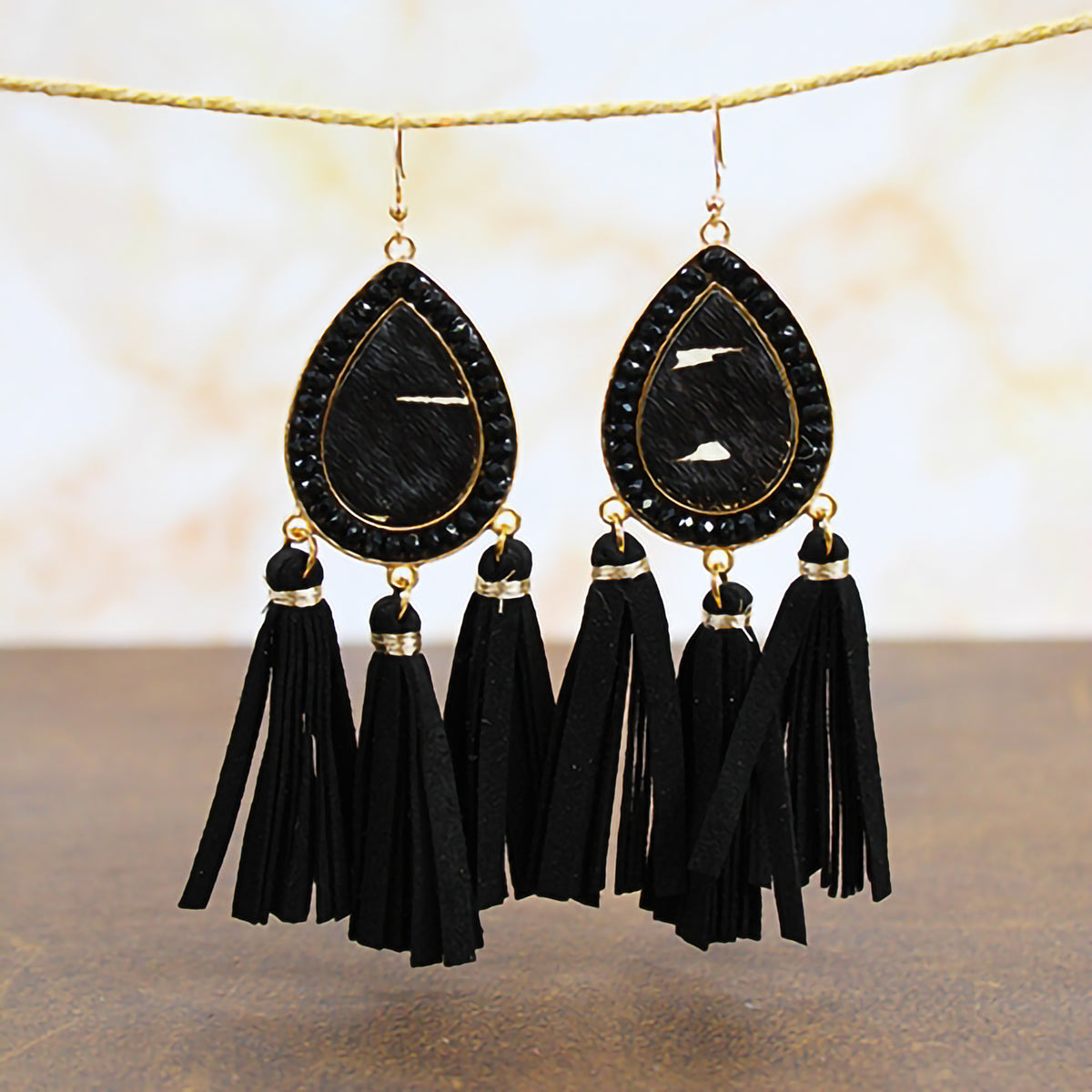 73999 - Animal Hide Tassel Earrings - Black