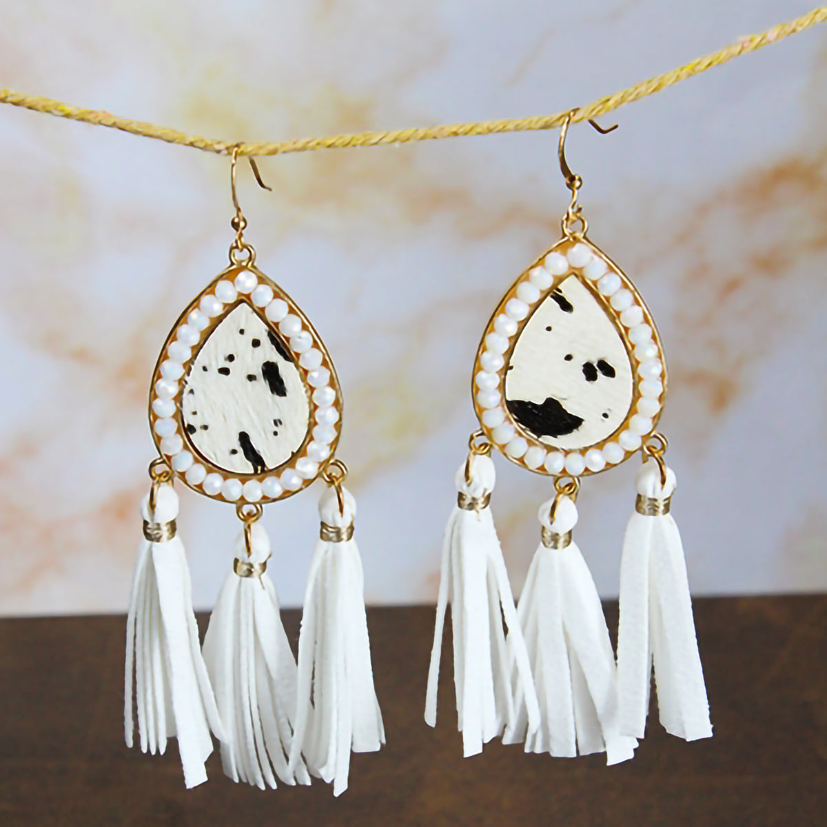 73999 - Animal Hide Tassel Earrings - Ivory