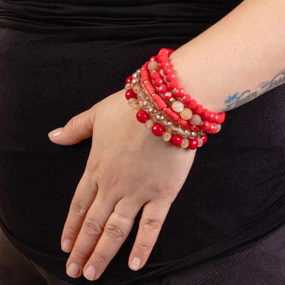 74693 - Crystal Beaded Stacked Bracelets - Red