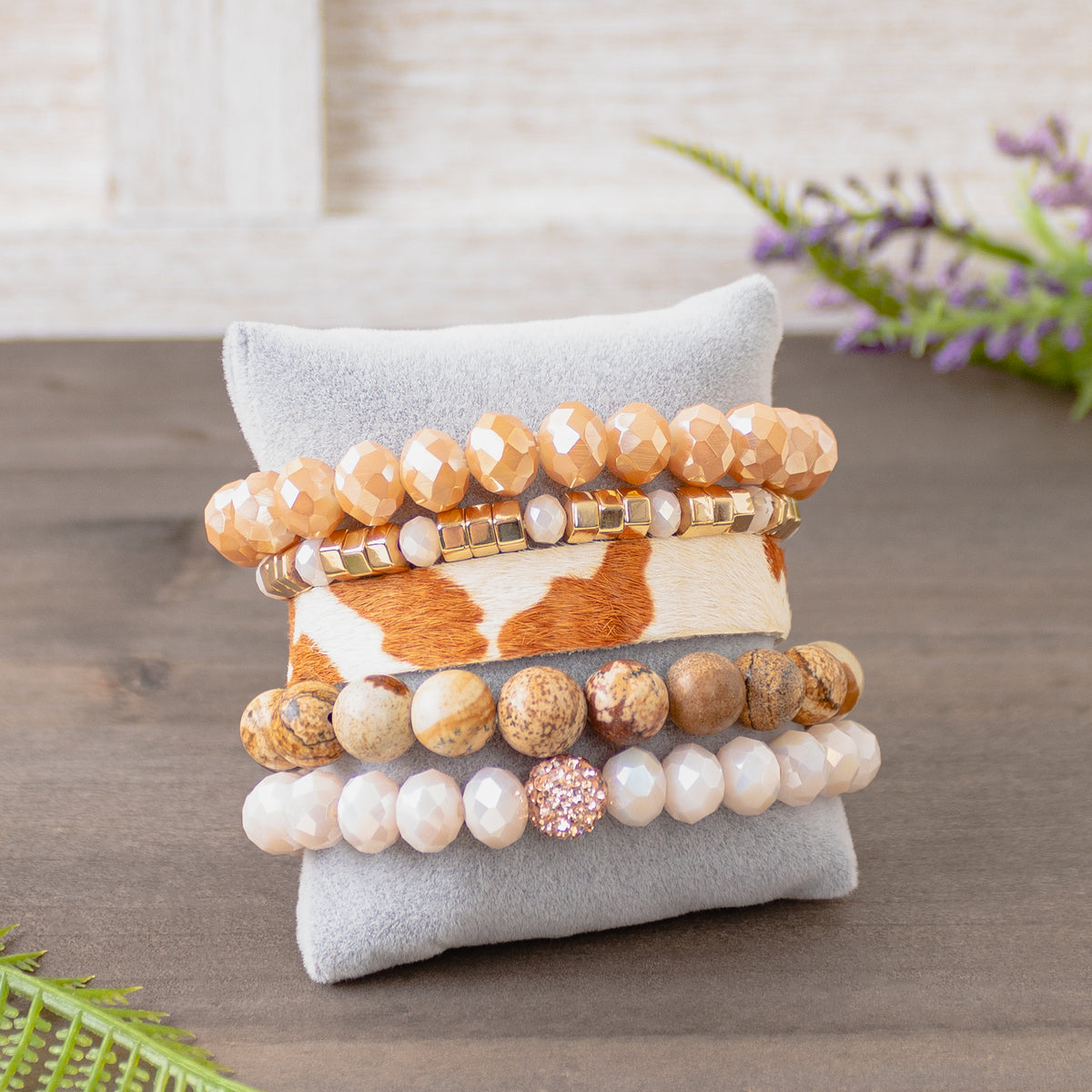 74715 - Cow Print and Crystal Stacked Bracelets - Brown