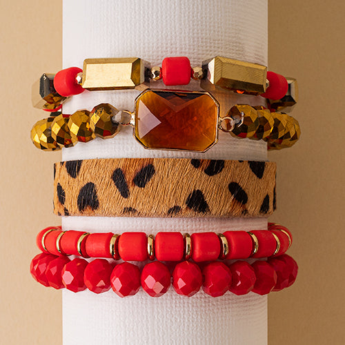 74725 - Leopard and Beaded Bracelet - Red