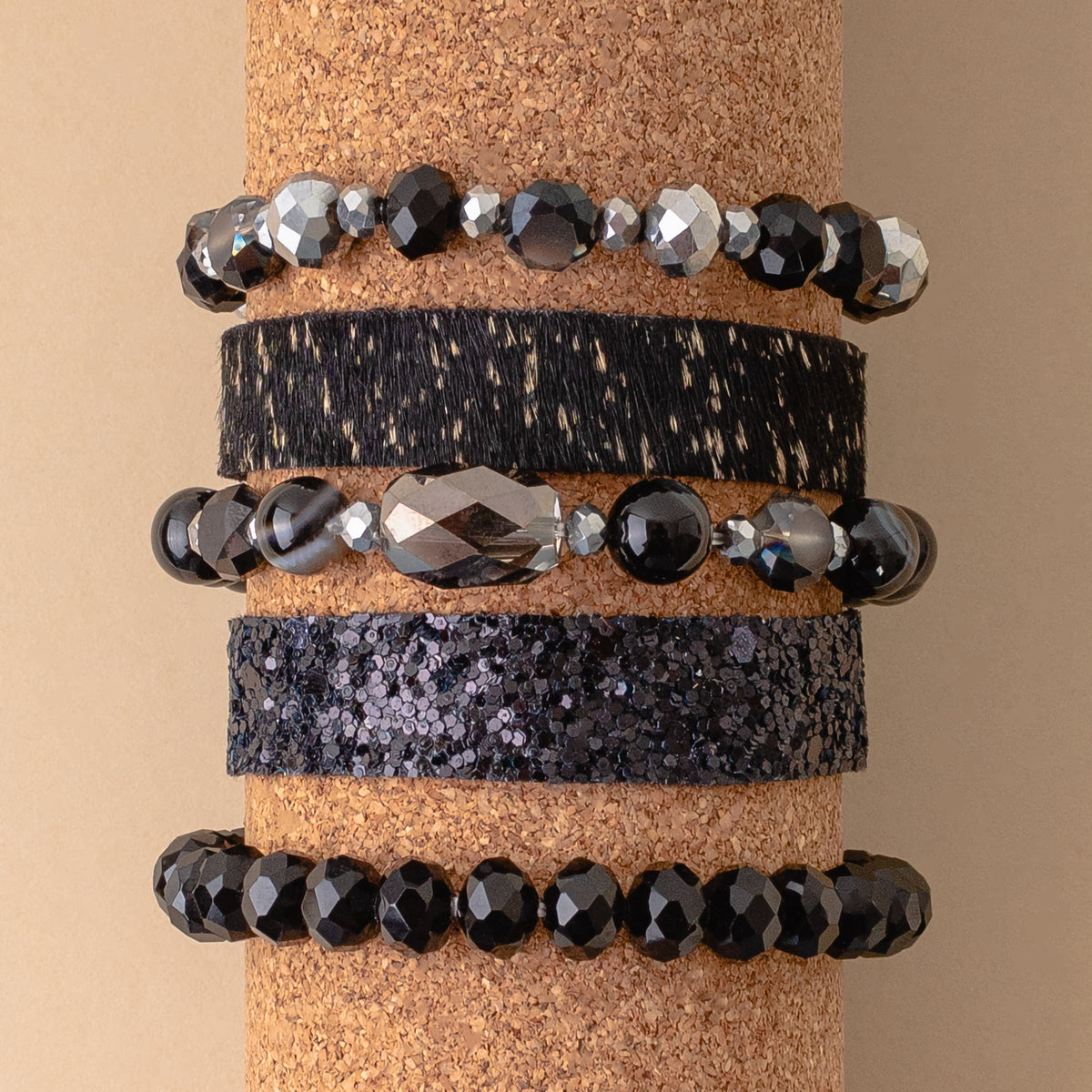 74737 - Animal Print Crystal Beaded Stacked Bracelets - Black