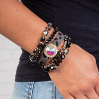 Load image into Gallery viewer, 74738 - Leopard and Crystal Beaded Stacked Bracelets - Black
