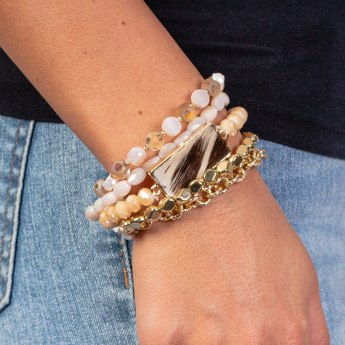 74741 - Animal Print and Crystal Stacked Bracelets - Beige