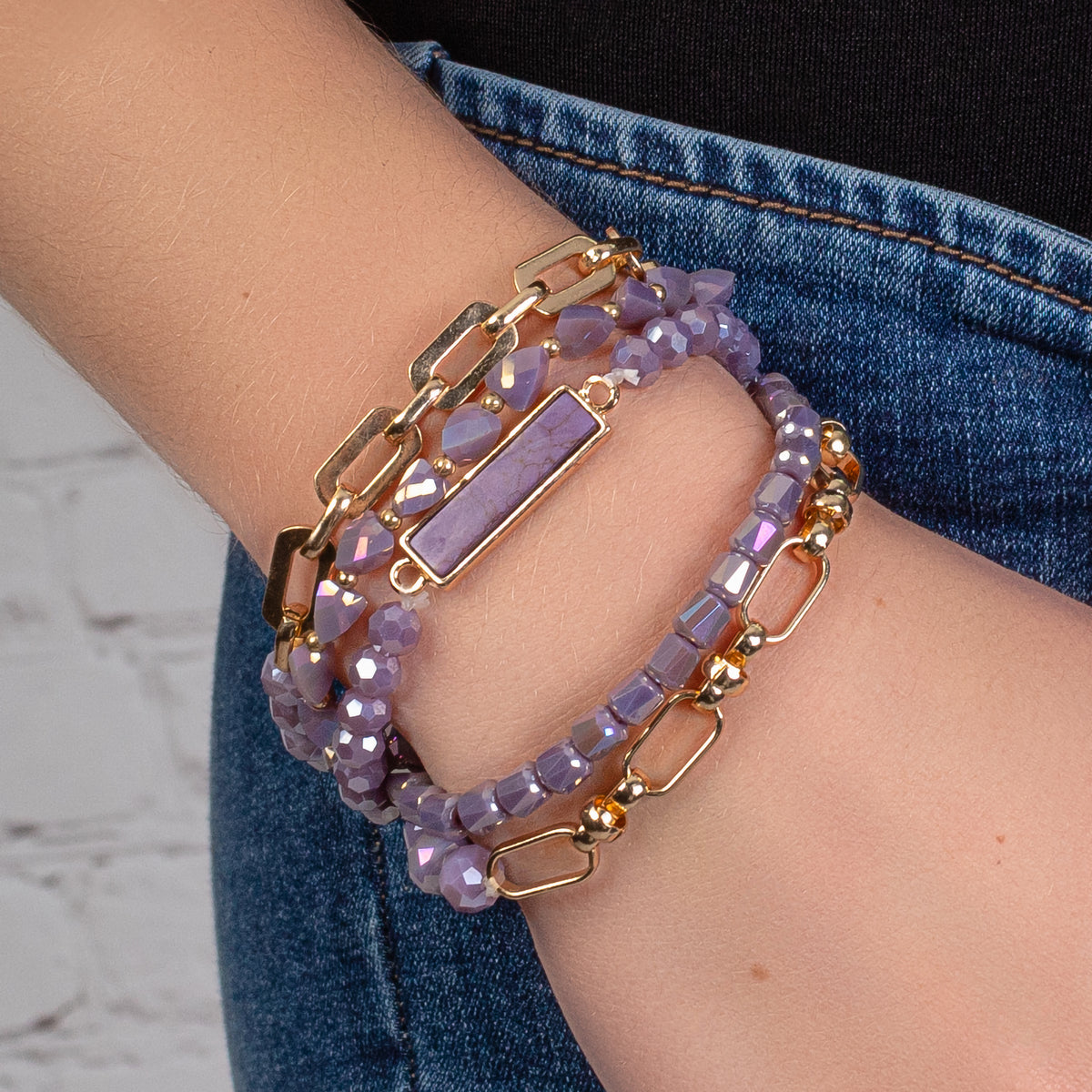 74742 - Turquoise and Crystal Beaded Stacked Bracelets - Purple