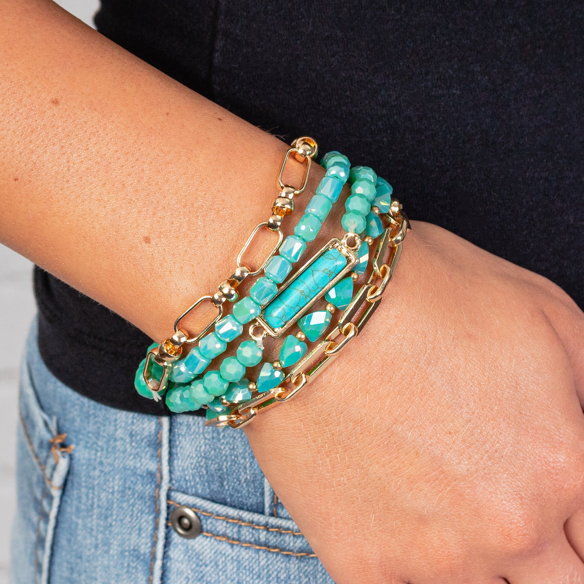 74742 - Turquoise & Crystal Beaded Stacked Bracelets - Turquoise