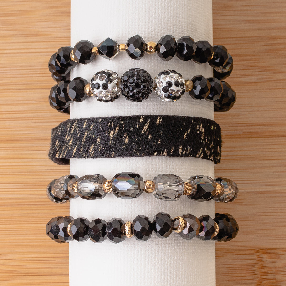 74744 - Animal Print Crystal Beaded Stacked Bracelets - Black