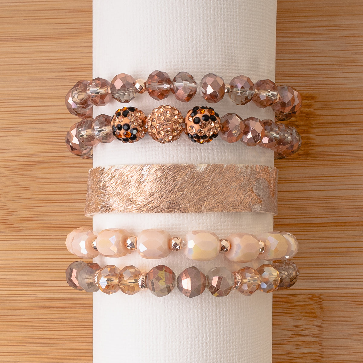 74744 - Animal Print Crystal Beaded Stacked Bracelets - Rose Gold