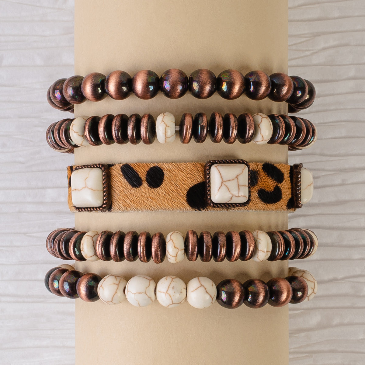 74746 - Turquoise Animal Print Stacked Bracelets - Ivory & Copper