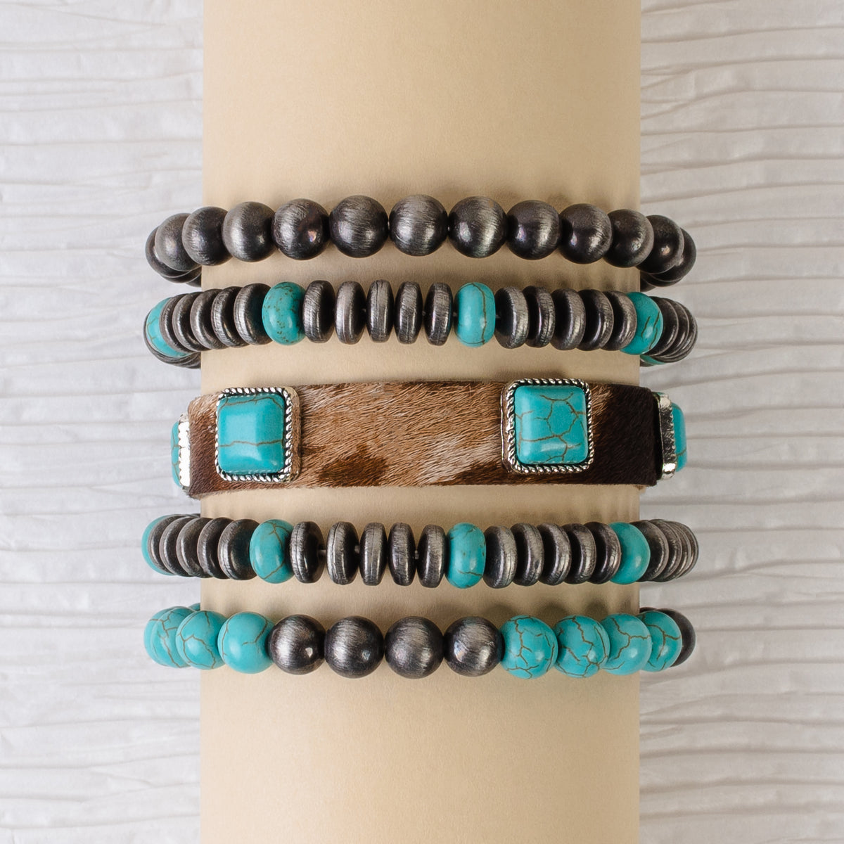 74746 - Turquoise Animal Print Stacked Bracelets - Turquoise & Silver