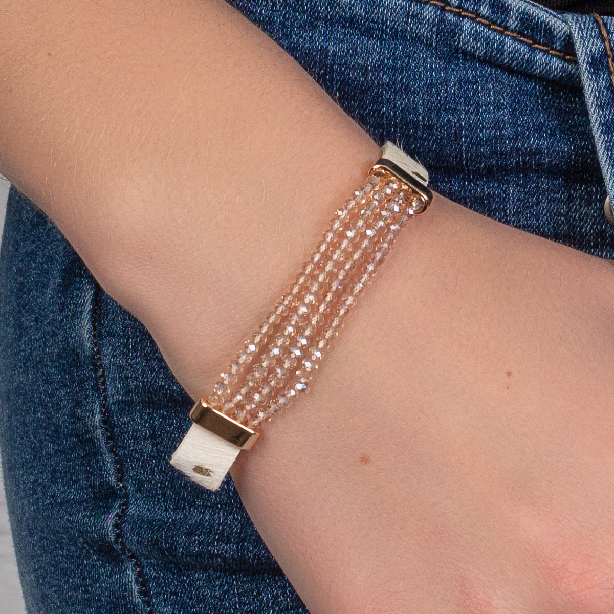 74747 - Crystal Beaded Cuff Bracelet - Champagne