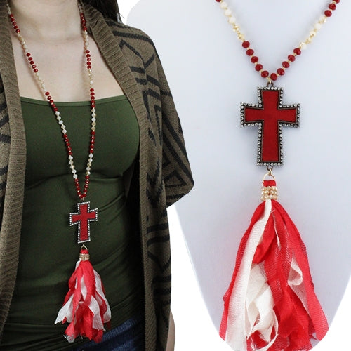 71988 - Cross Tassel Necklace - Red