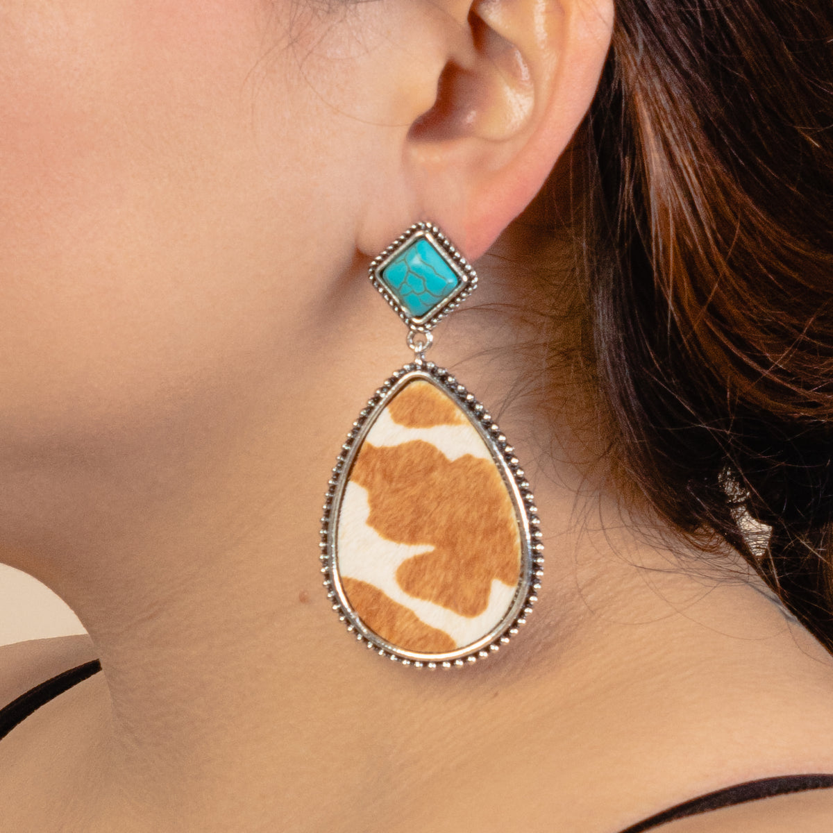 93008 - Turquoise Animal Hide Earrings - Brown & Silver