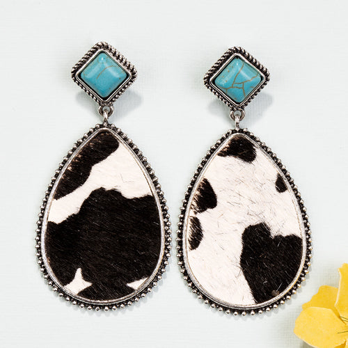 93008 - Turquoise Animal Hide Earrings - Cow Hide Silver