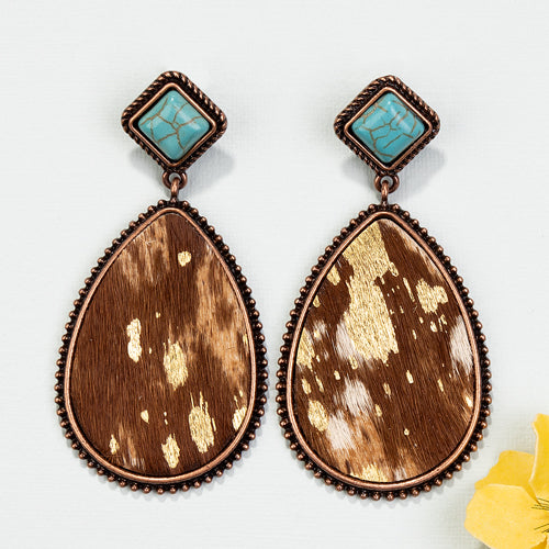 93008  - Turquoise Animal Hide Earrings - Brown Copper