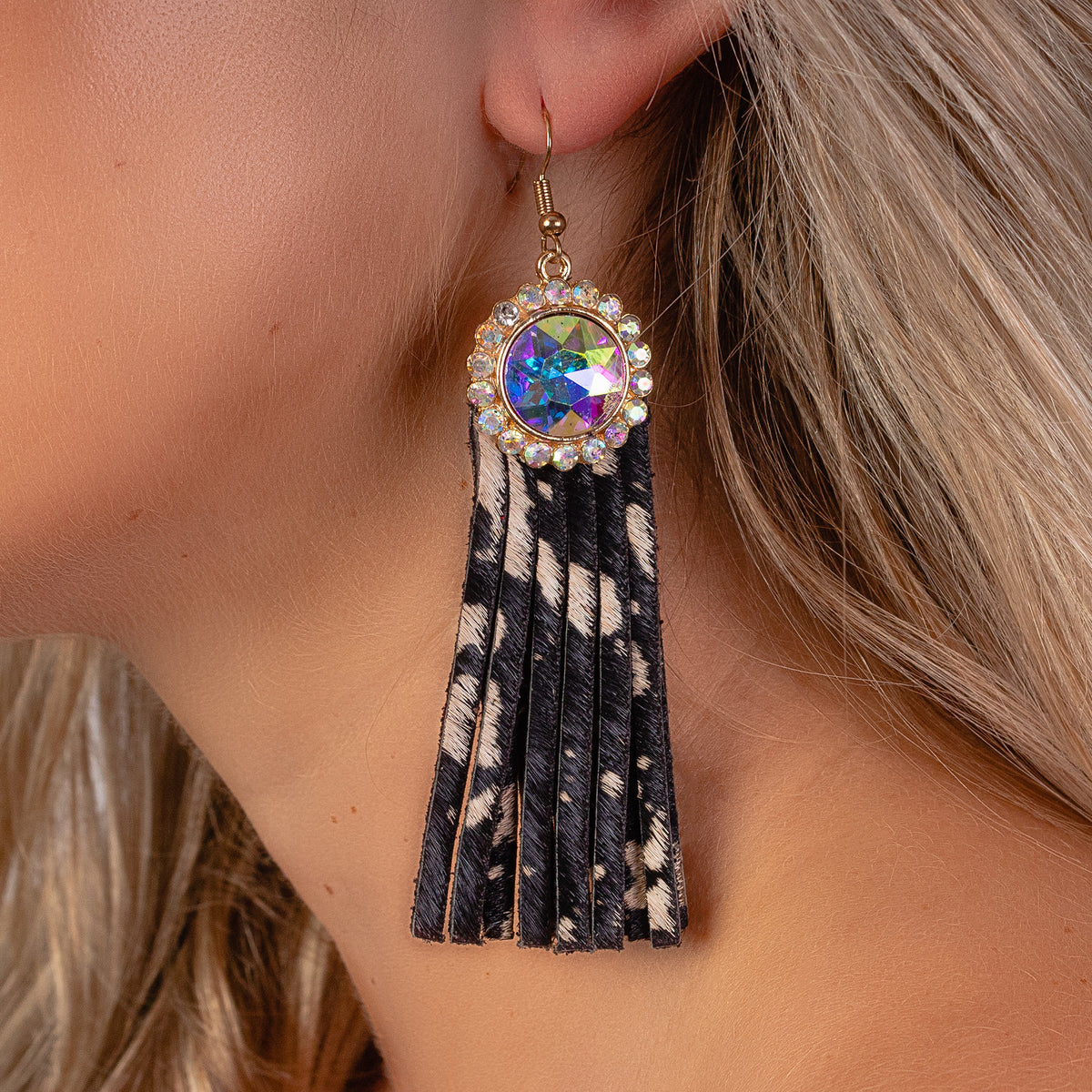 93020 - Rhinestone Tassel Earrings - Black