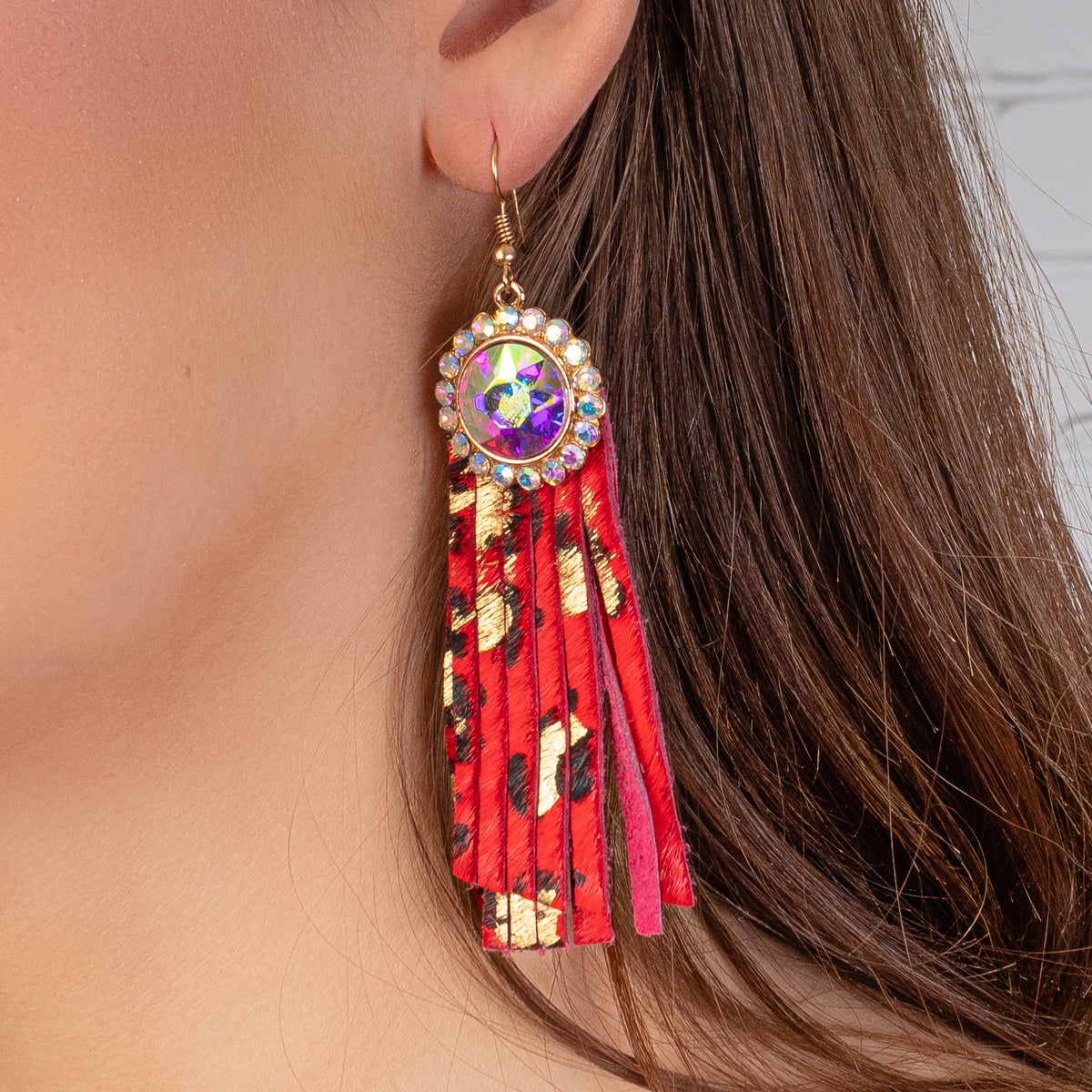 93020 - Rhinestone Tassel Earrings - Red