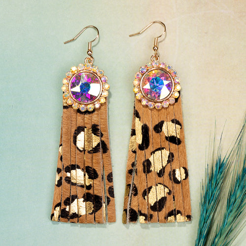 93020 - Rhinestone Tassel Earrings - Leopard & Gold - Fashion Jewelry Wholesale