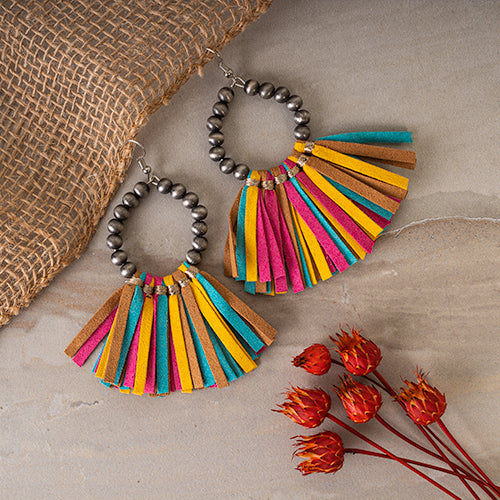 93021 - Beaded Hoop Tassel Earrings - Multi