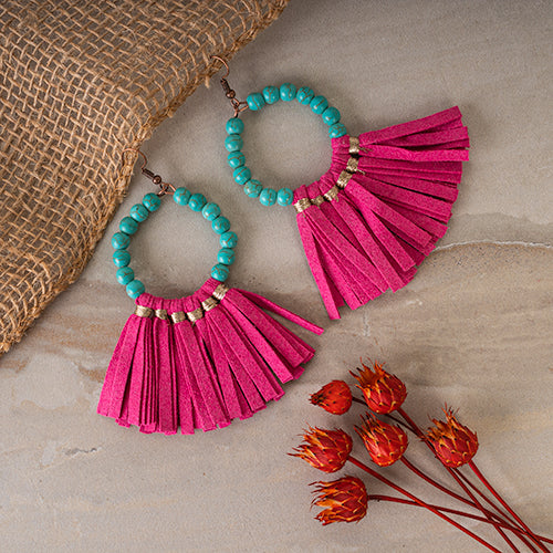 93021 - Beaded Hoop Tassel Earrings - Fashion Jewelry Wholesale