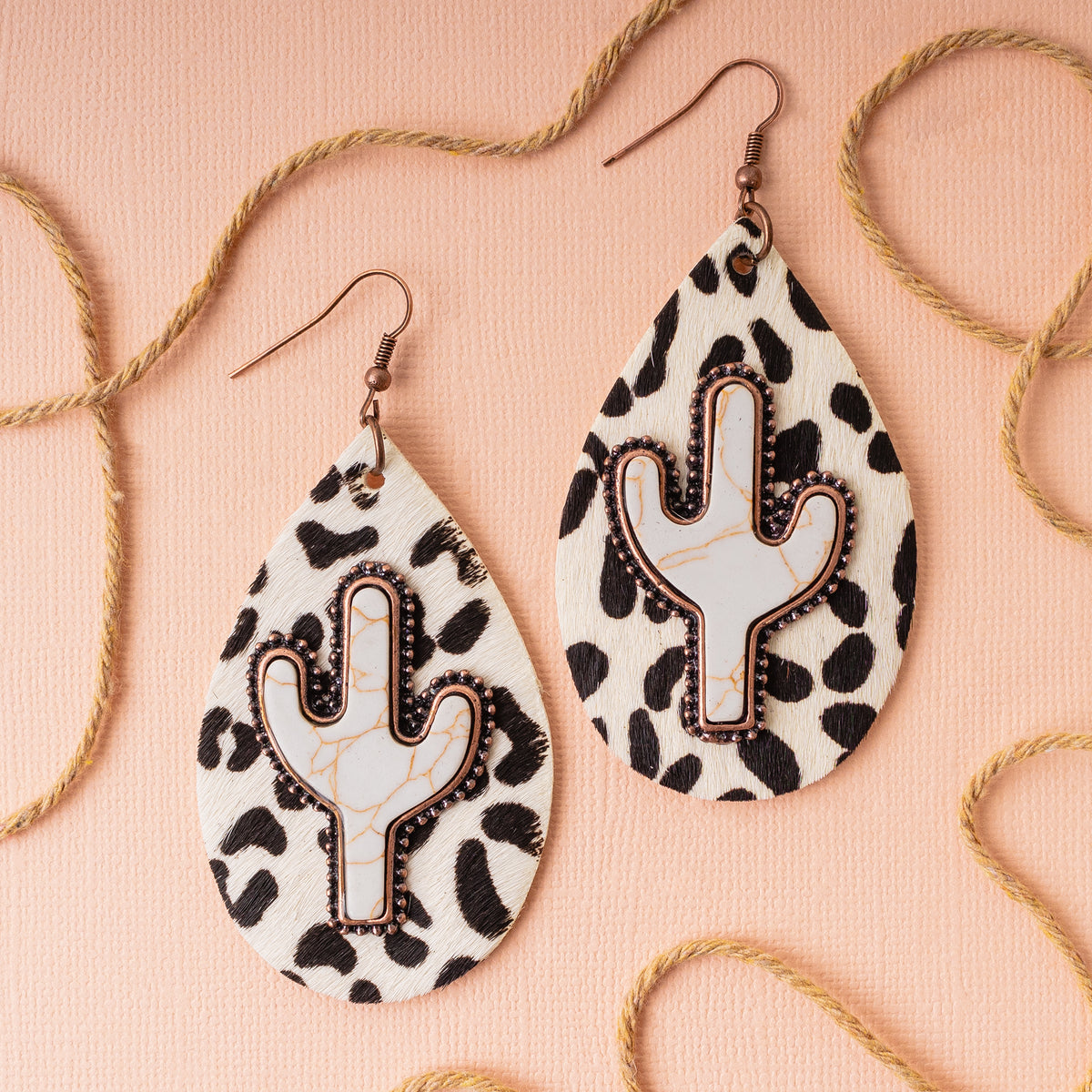 93024 - Cactus Animal Hide Earrings - Black & White - Fashion Jewelry Wholesale