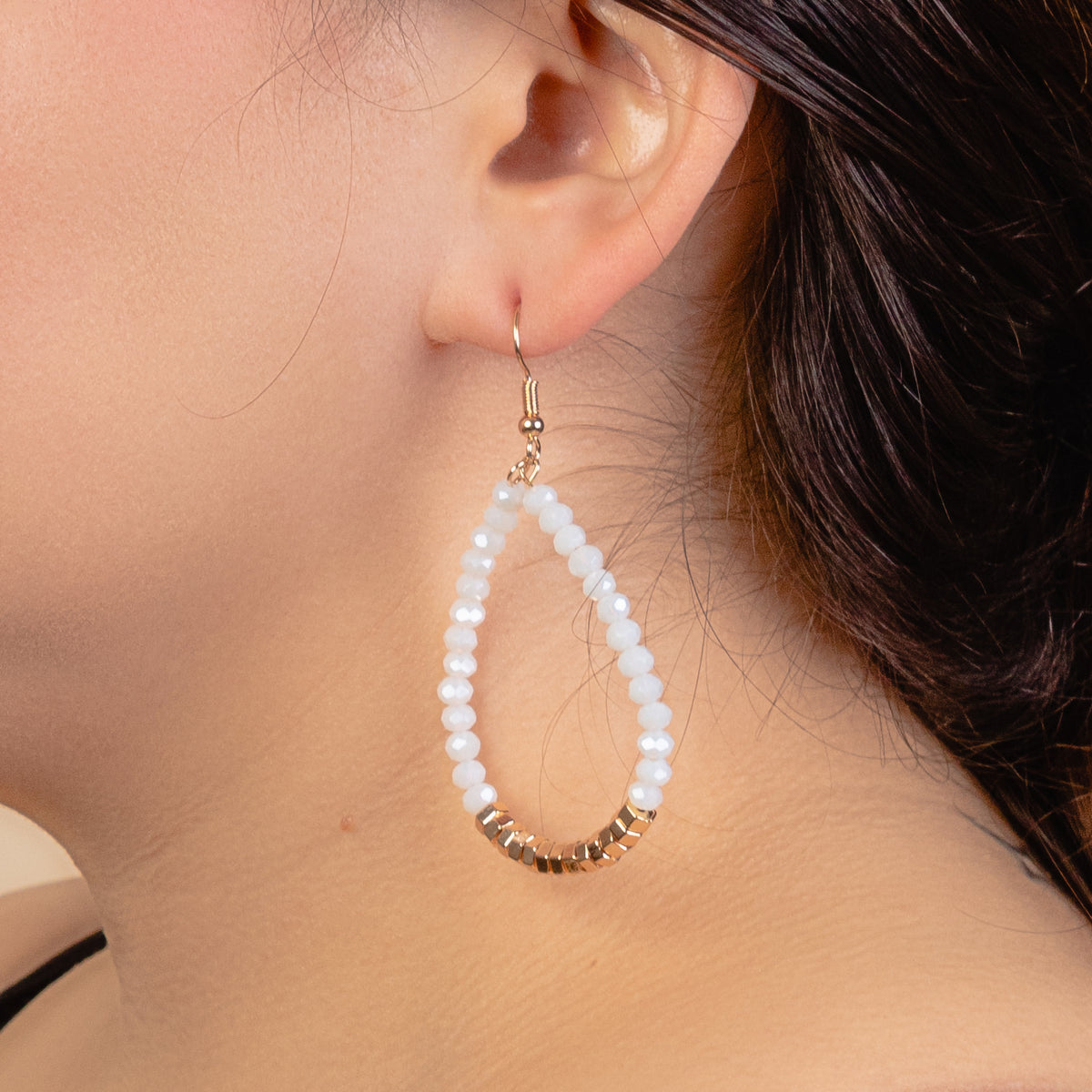 93026 - Crystal Beaded Hoop Earrings - White