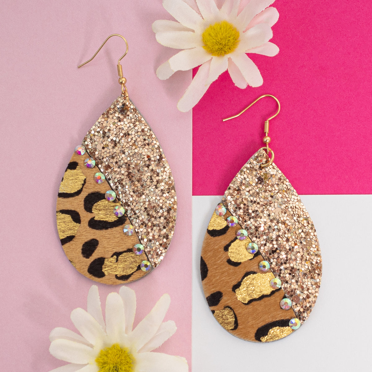 93027 - Animal Print Glitter Earrings - Leopard & Rose Gold