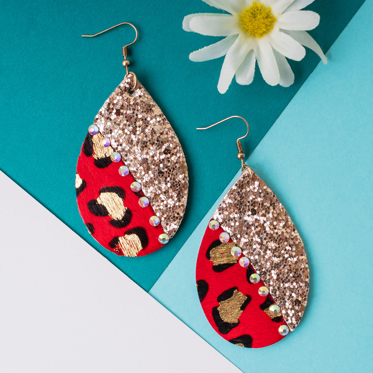 93030 - Glitter & Leopard Earrings - Red - Fashion Jewelry Wholesale