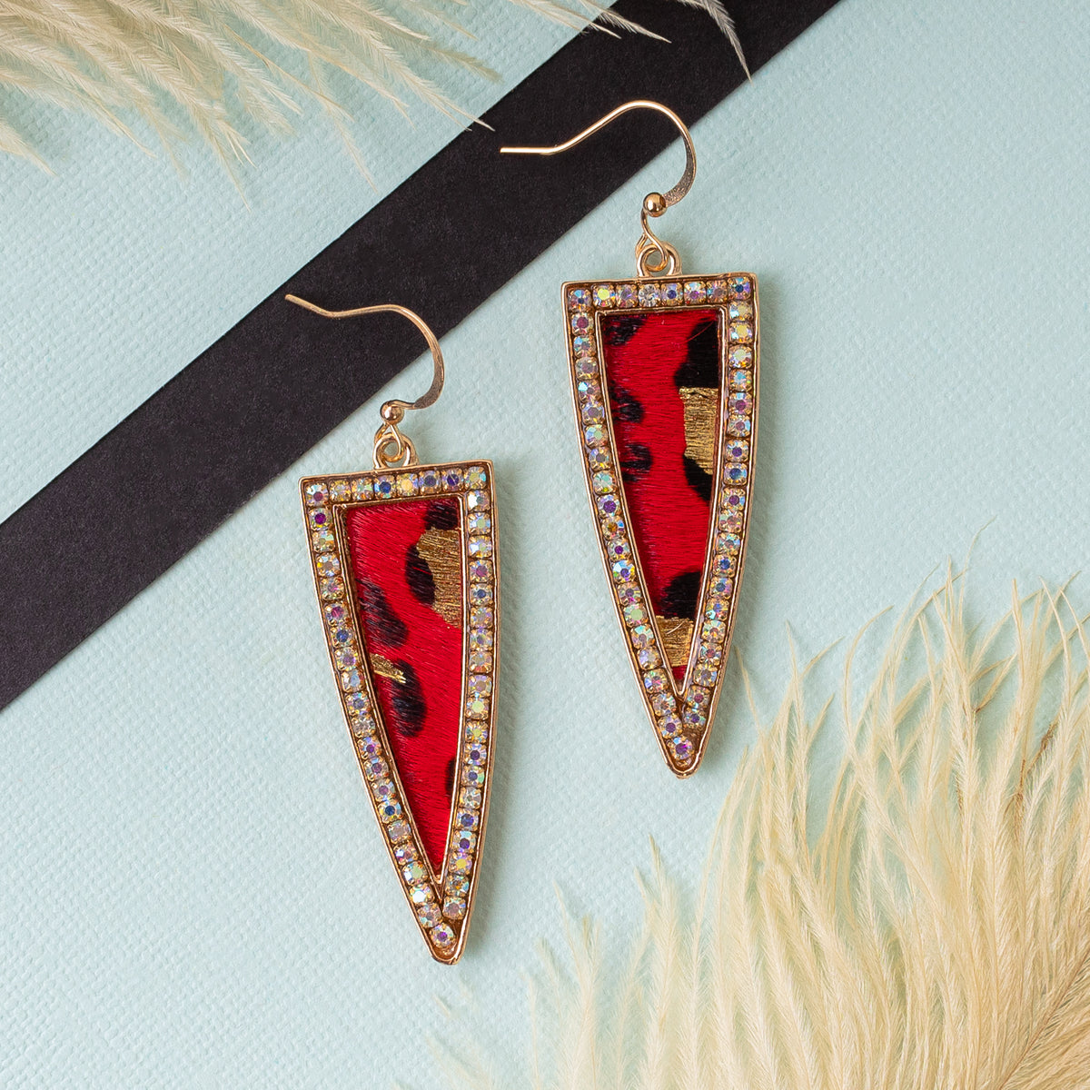 93032 - Triangle Animal Print Earrings - Red & Gold