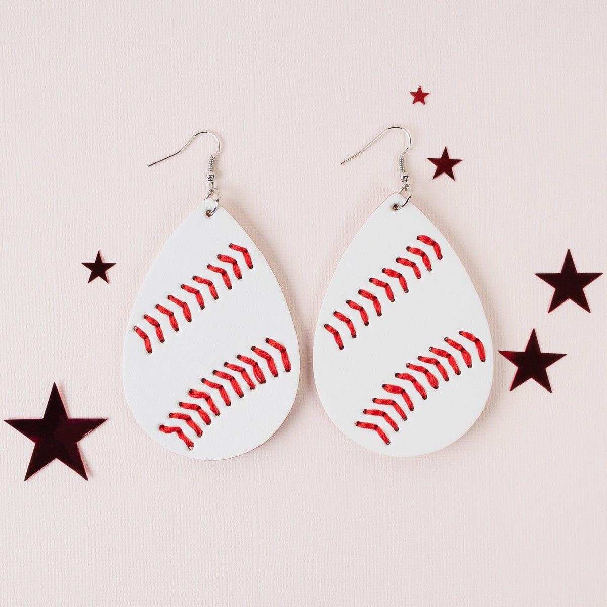 93035 - Baseball Leather Earrings - White & Red