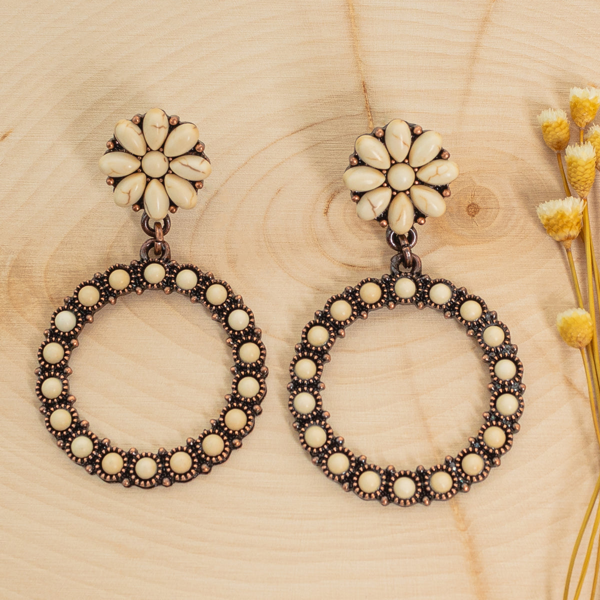 93044 - Squash Blossom Hoop Earrings - Ivory & Copper