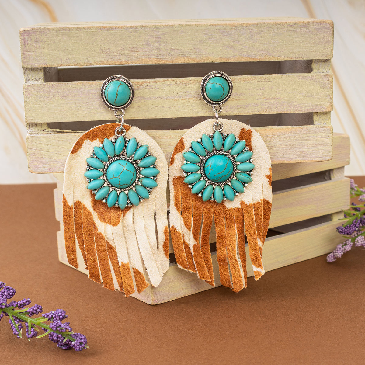 93050 - Squash Blossom Animal Hide Earrings - Brown & Turquoise