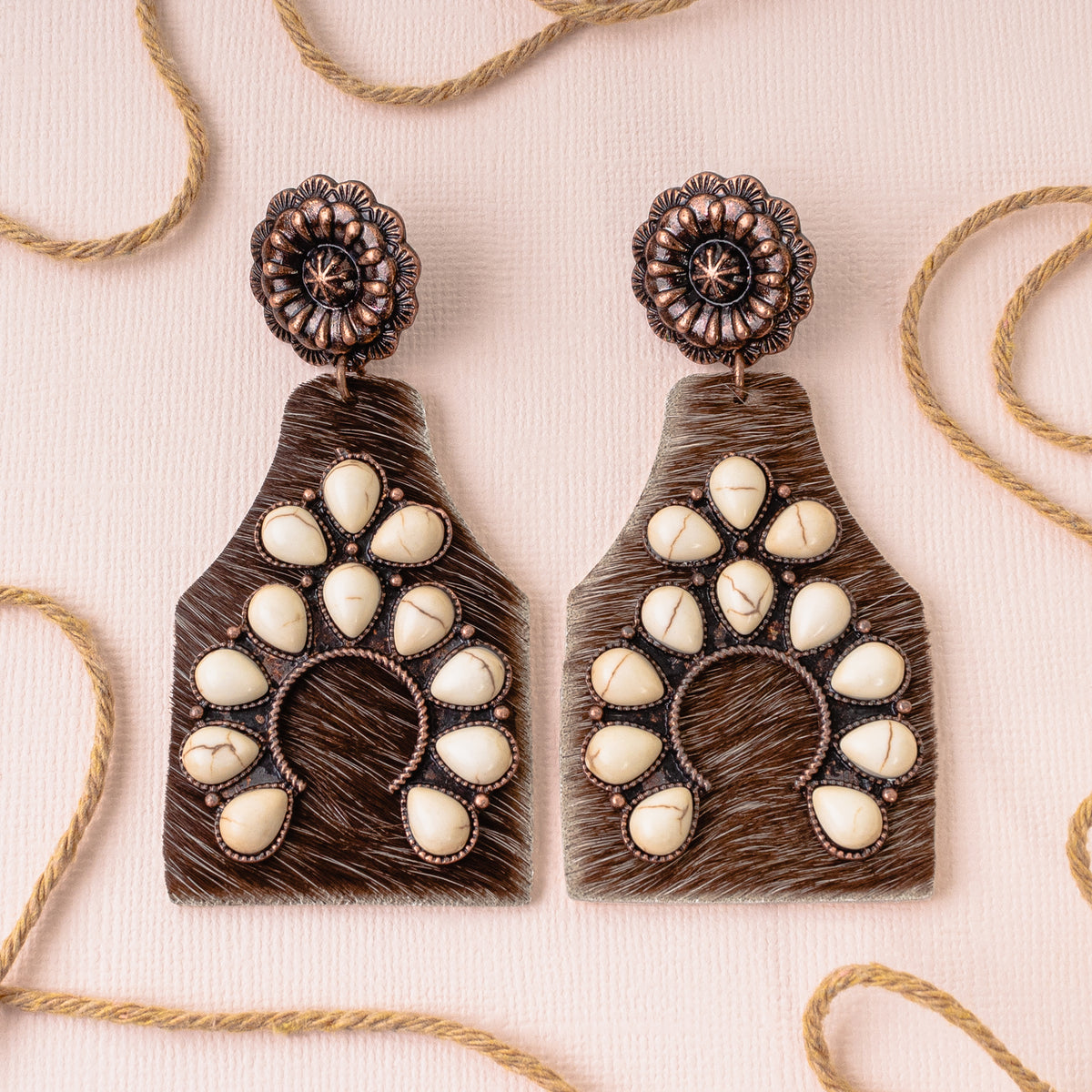 93055 - Animal Print Squash Blossom Earrings - Ivory & Brown