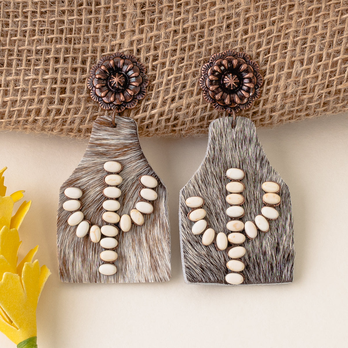 93056 - Animal Print and Cactus Squash Blossom Earrings - Ivory & Brown - Fashion Jewelry Wholesale