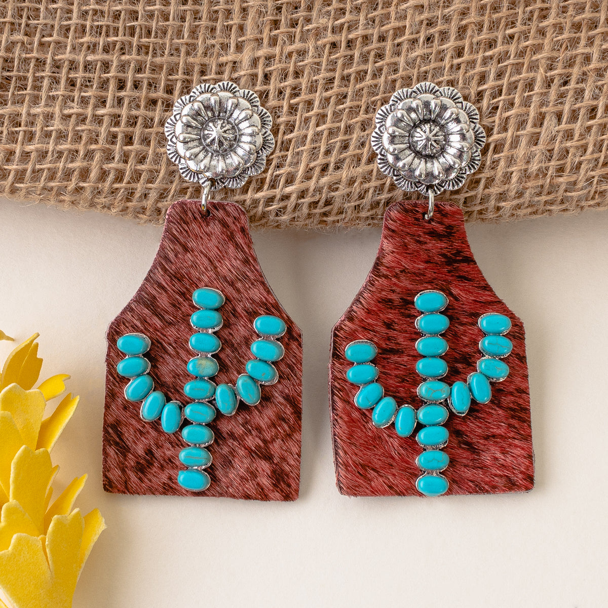 93056 - Animal Print and Cactus Squash Blossom Earrings - Turquoise & Pink