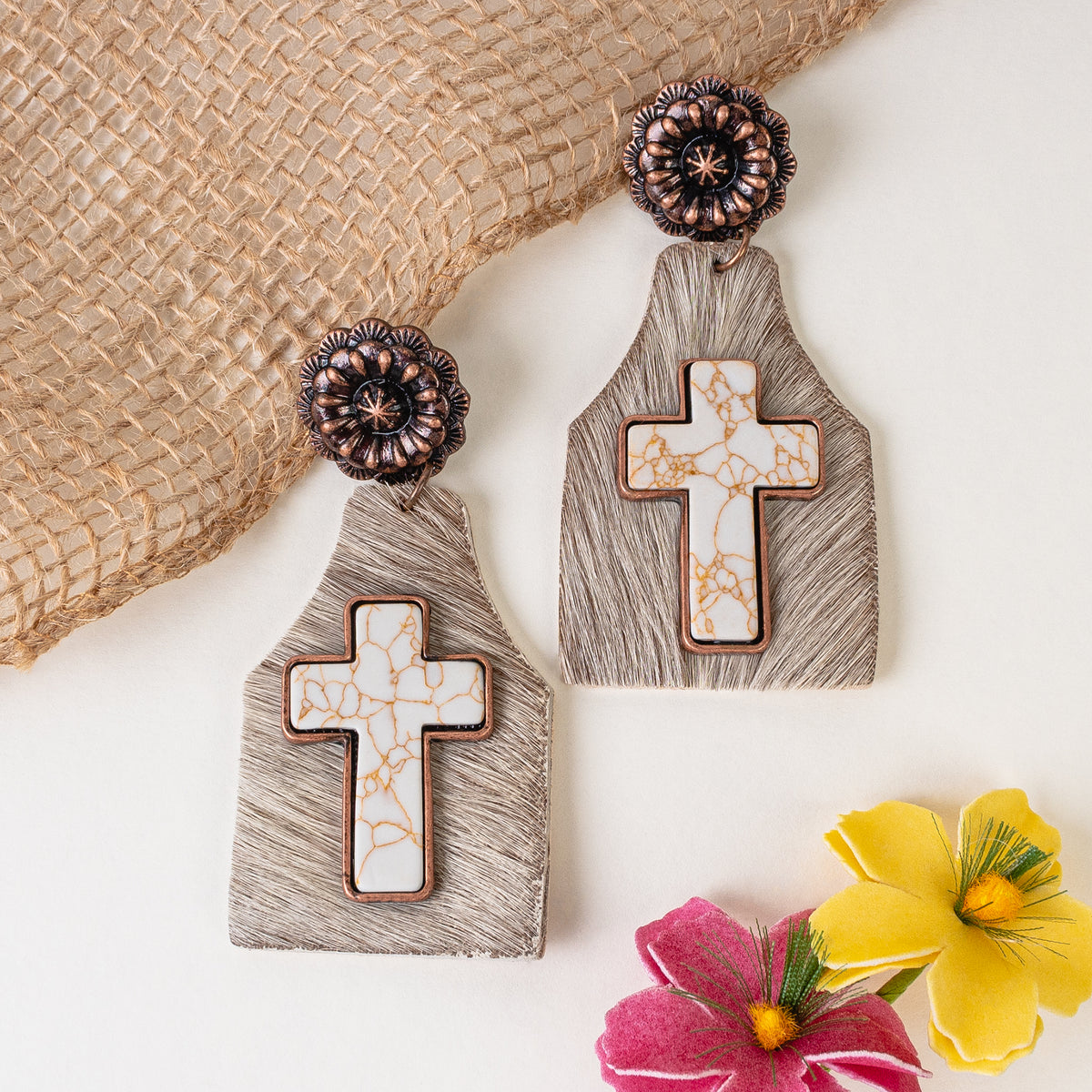 93057 - Animal Hide Cross Earrings - Ivory