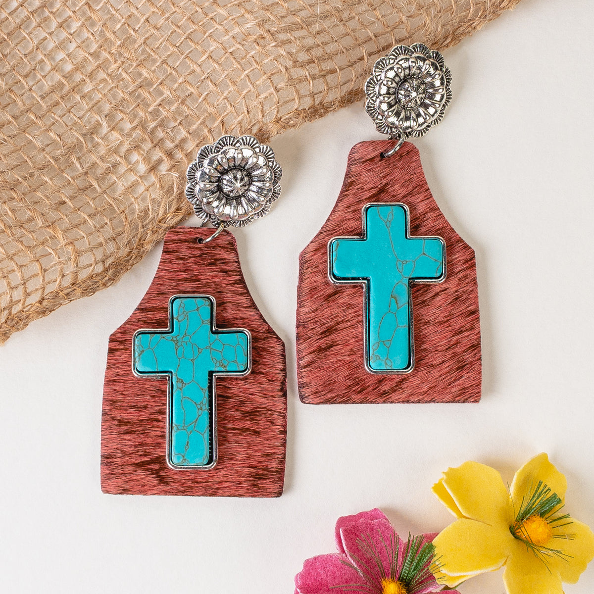 93057 - Animal Hide Cross Earrings - Turquoise