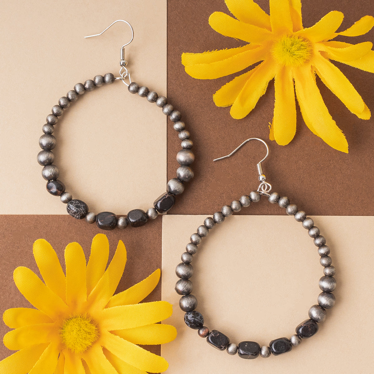 93060 - Turquoise Beaded Hoop Earrings - Black & Silver