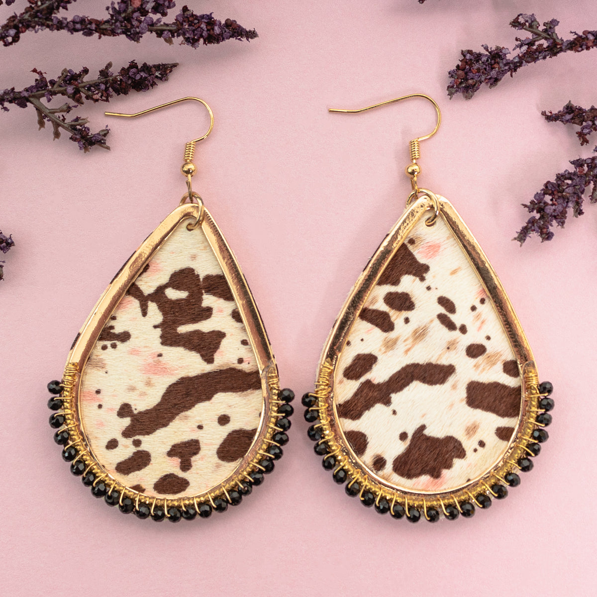 93062 - Animal Print Drop Earrings - Brown & Pink