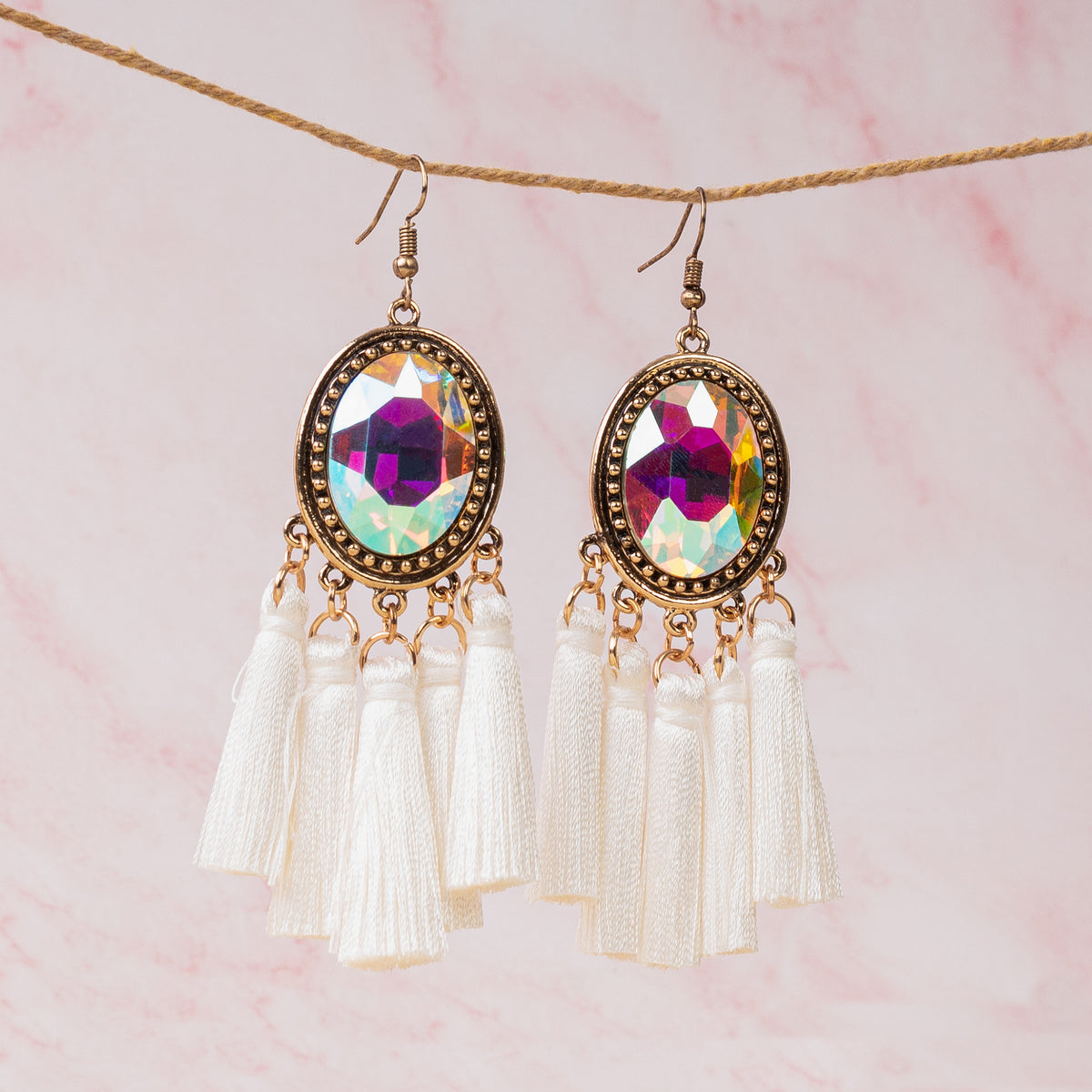 93068 - Rhinestone Tassel Earrings - White