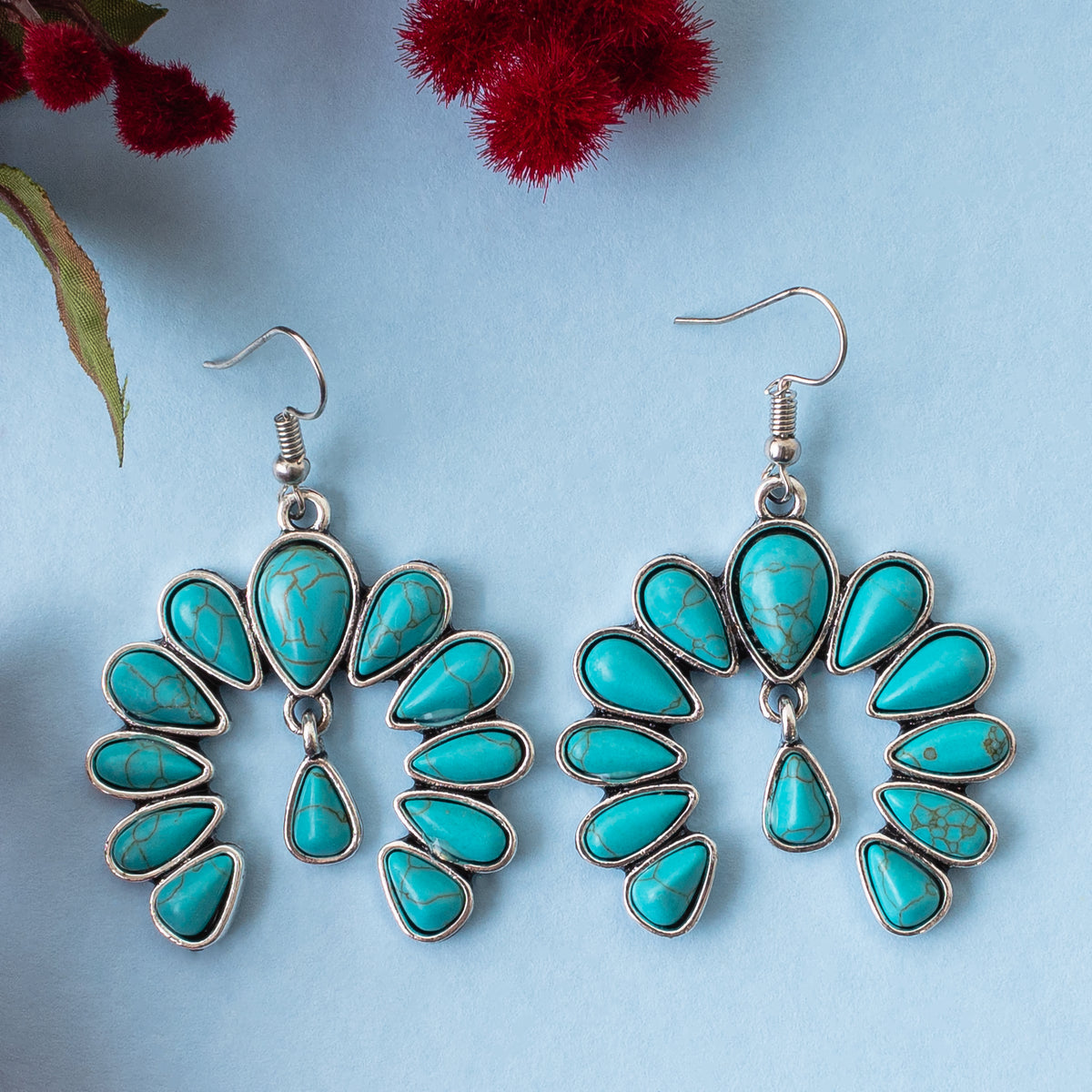 93076 - Squash Blossom Earrings - Turquoise & Silver