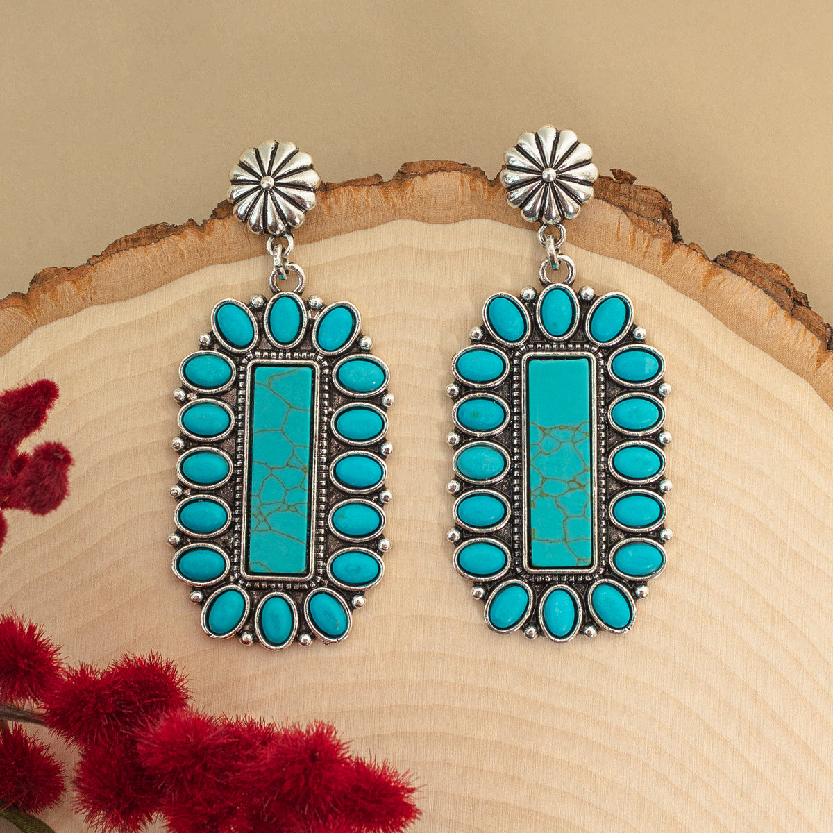 93077 - Squash Blossom Earrings - Turquoise & Silver