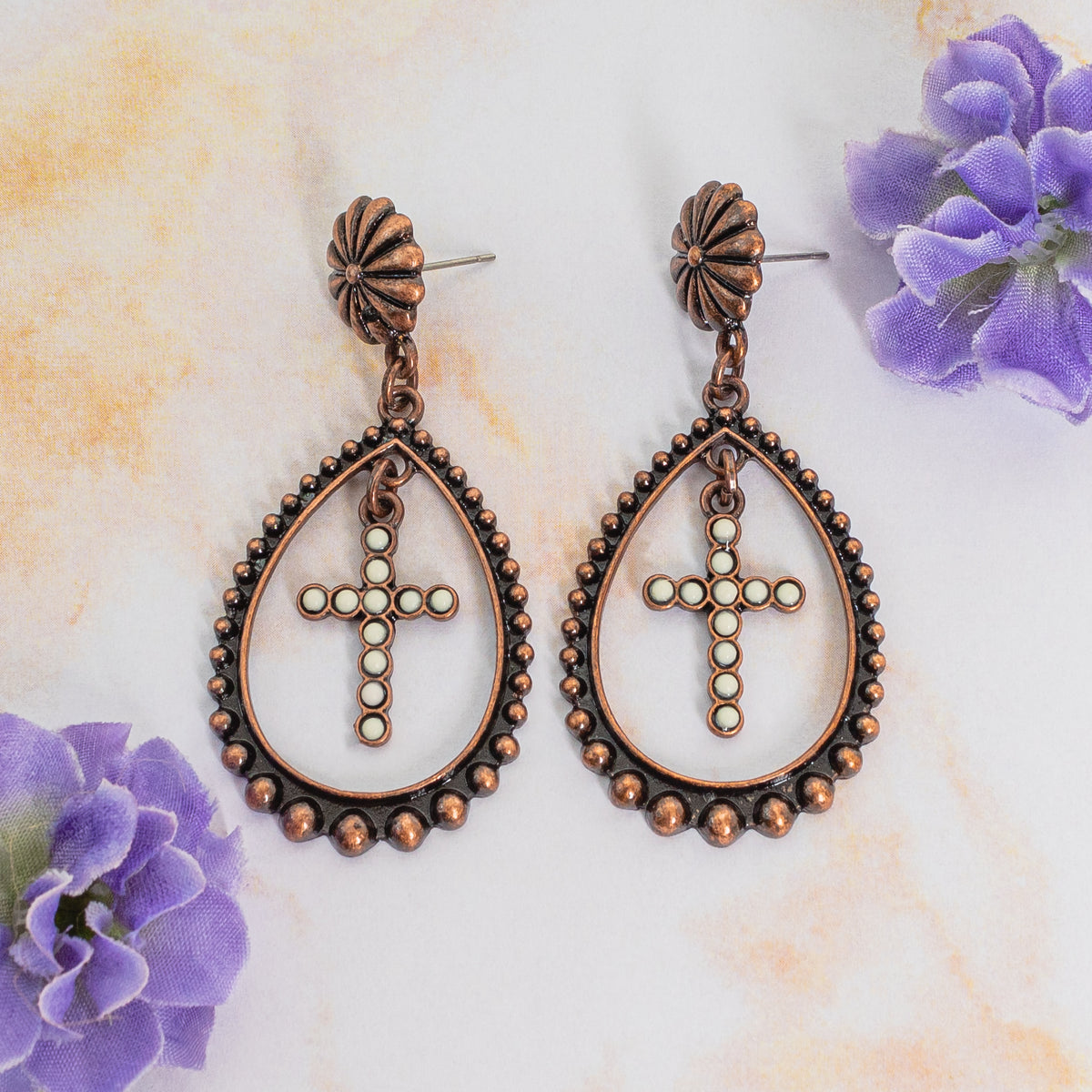 93084 - Squash Blossom Cross Earrings - Ivory & Copper