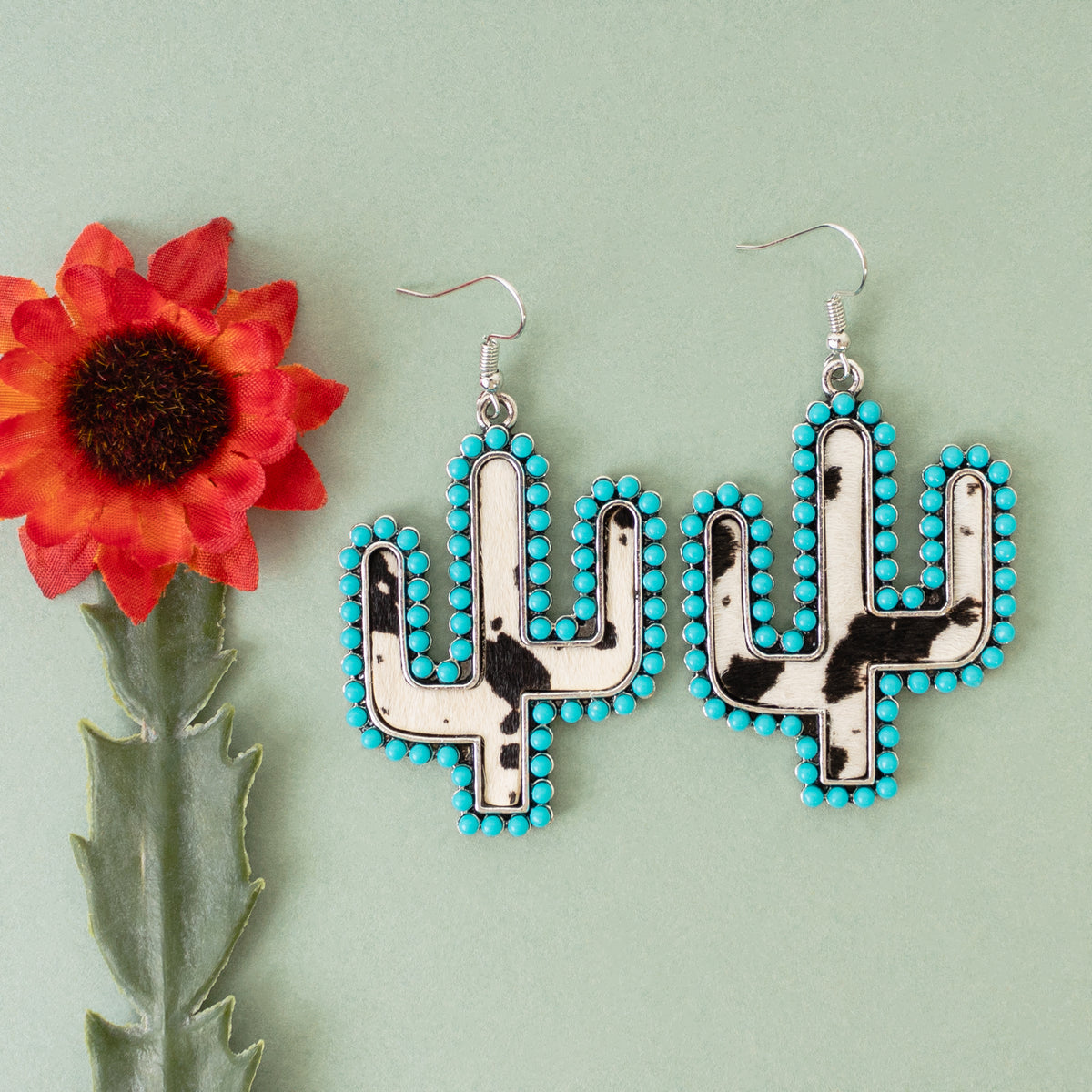 93086 - Animal Print Cactus Earrings - Turquoise