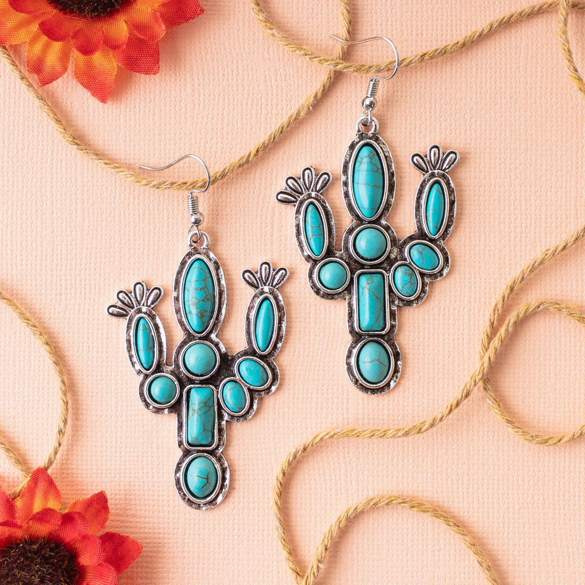 93088 - Cactus Squash Blossom Earrings - Turquoise & Silver