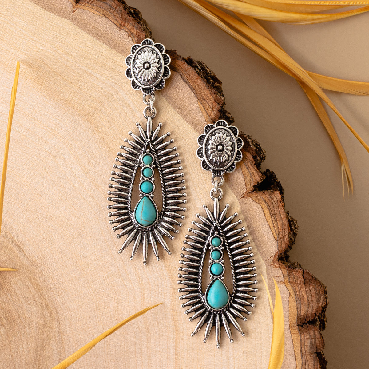 93090 - Western Squash Blossom Earrings - Turquoise & Silver