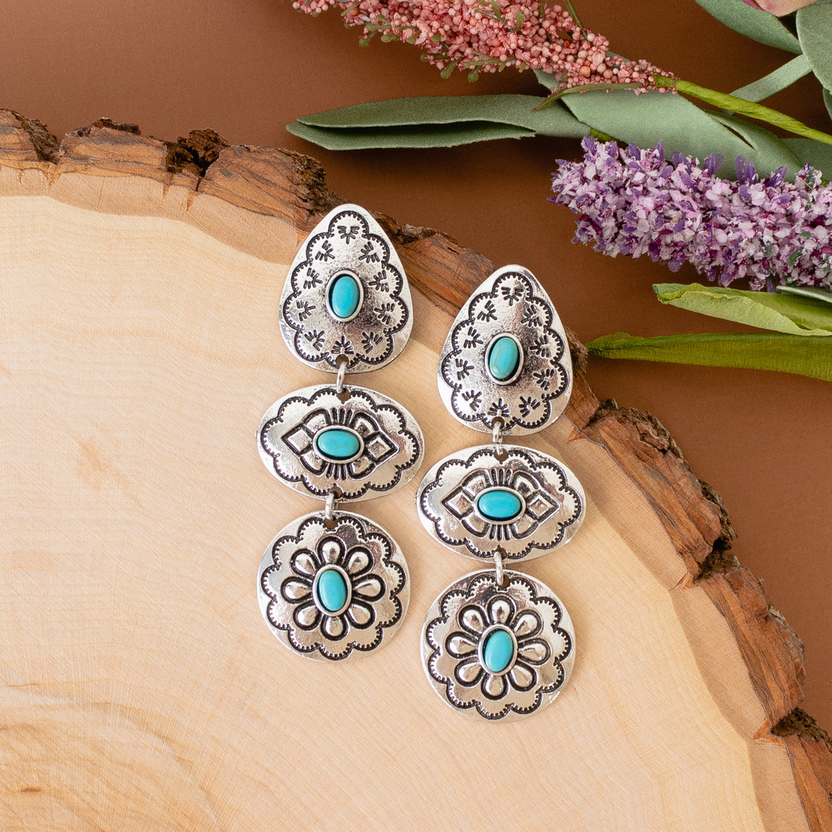 93091 - Western Squash Blossom Earrings - Turquoise & Silver