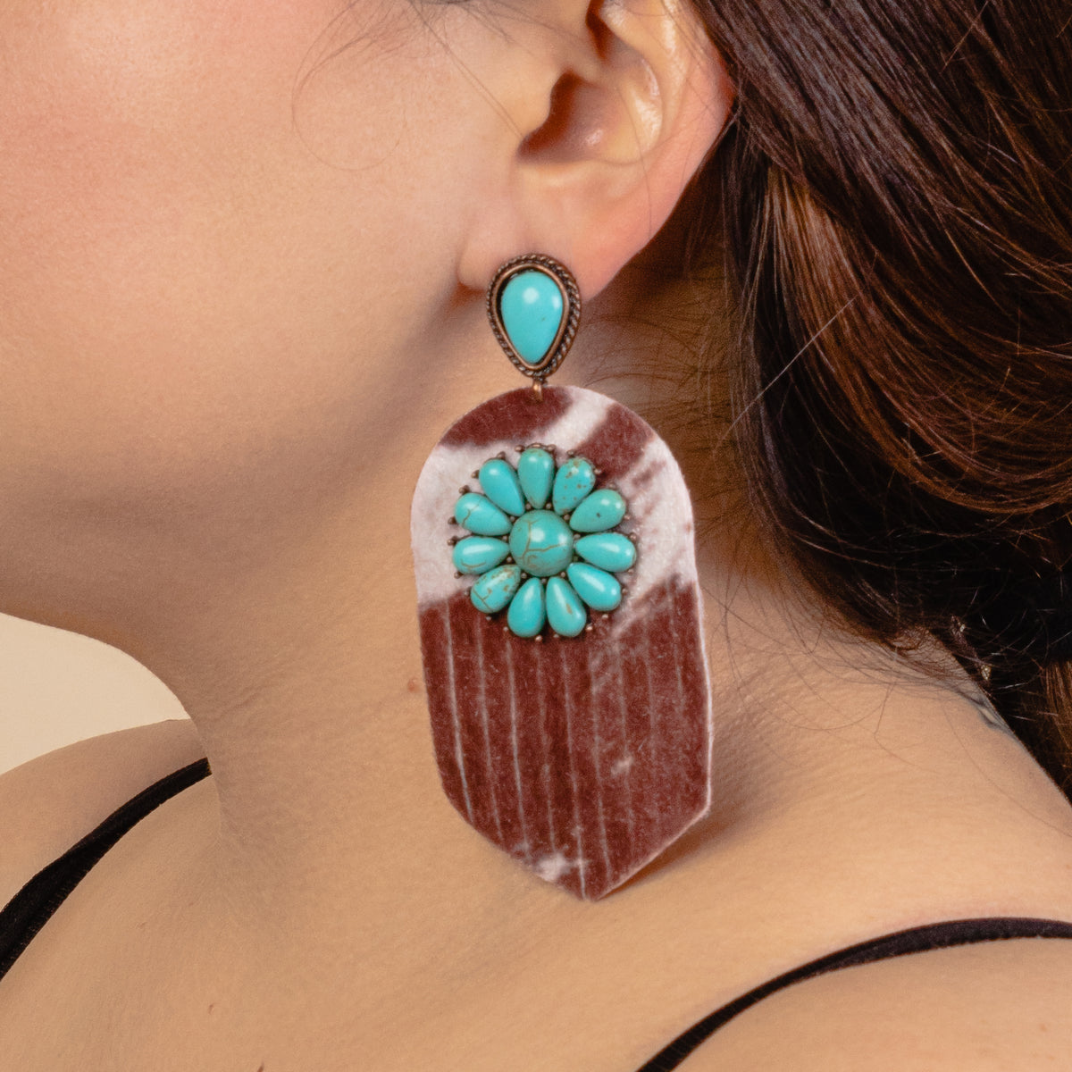 93094 - Animal Print Squash Blossom Earrings - Brown